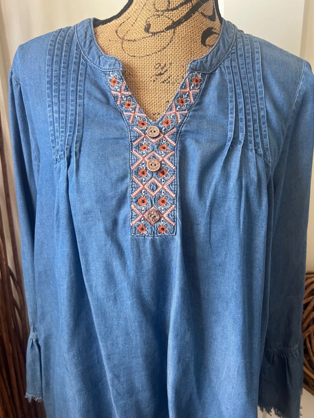 Embroidered Blue V-Neck Tunic Top - Picture 2 of 7